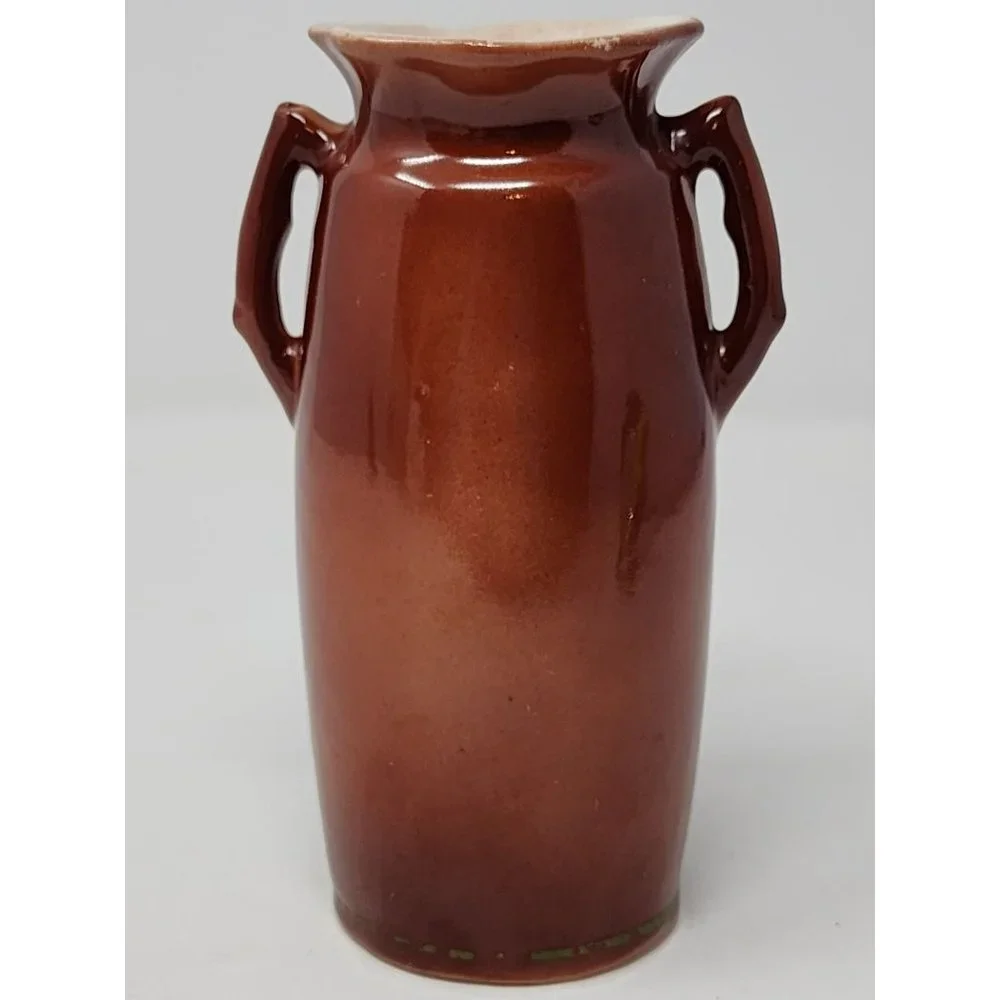 Vintage Vase With Portrait Of Lady Brown Porcelain Side Handles Ruffled Top Edge